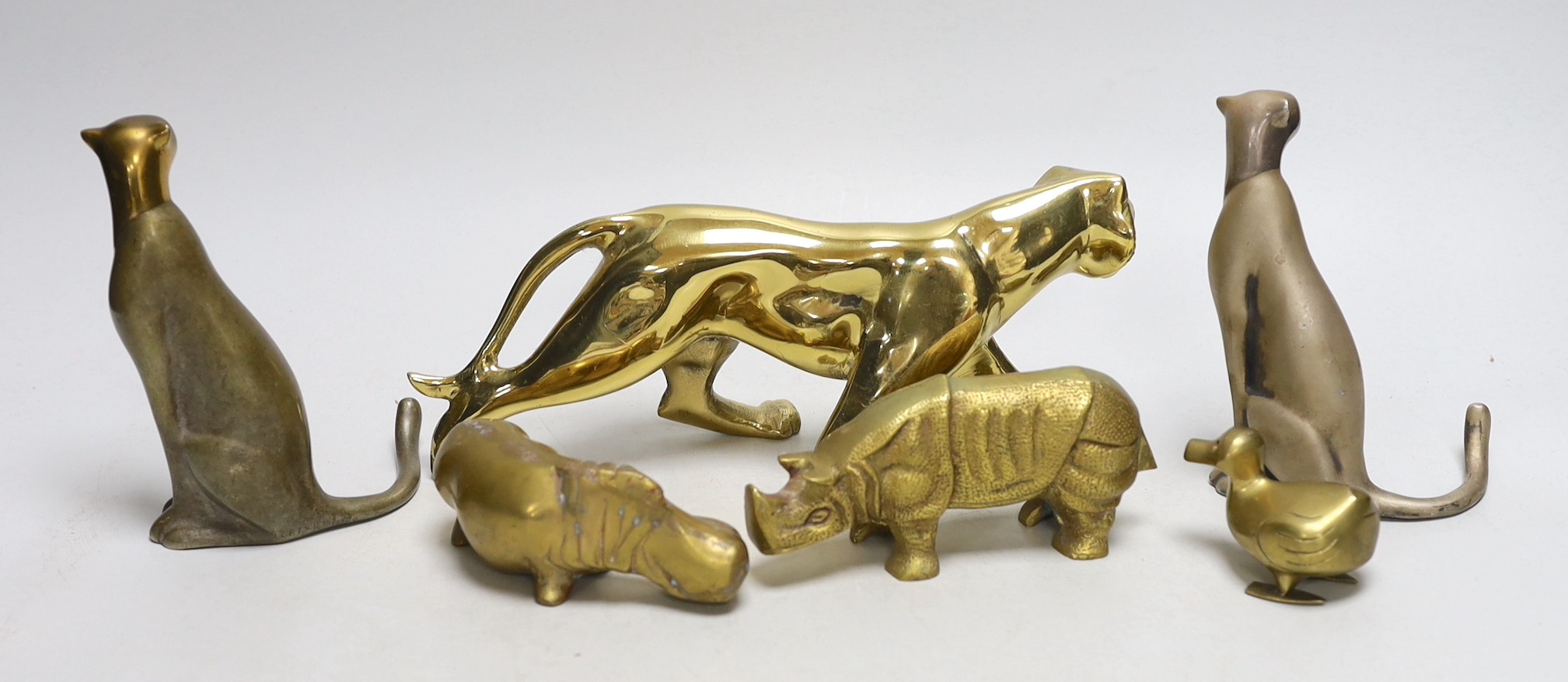 Five bronze wild animals and a bronze duck, tallest 13.5cms